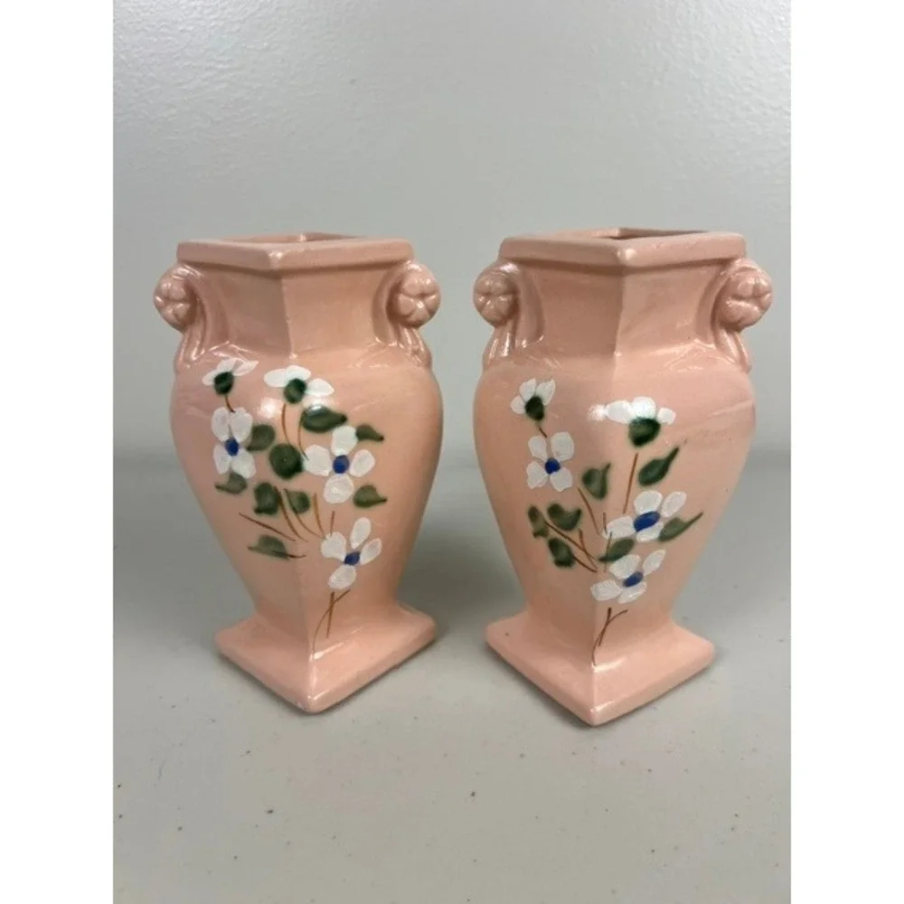 Vintage RRP Co Roseville Ohio Pink Dogwood Floral Miniature Urn Vases Set of 2